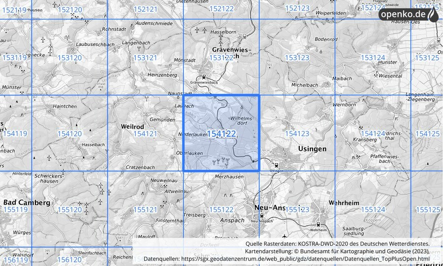 Übersichtskarte des KOSTRA-DWD-2020-Rasterfeldes Nr. 154122