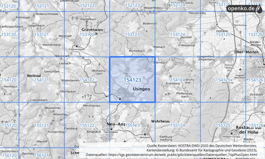 Übersichtskarte des KOSTRA-DWD-2020-Rasterfeldes Nr. 154123