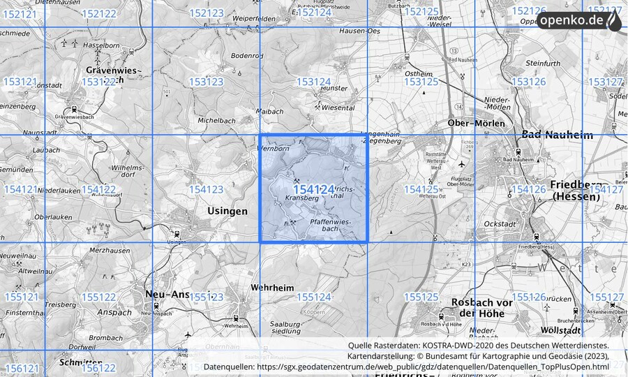 Übersichtskarte des KOSTRA-DWD-2020-Rasterfeldes Nr. 154124