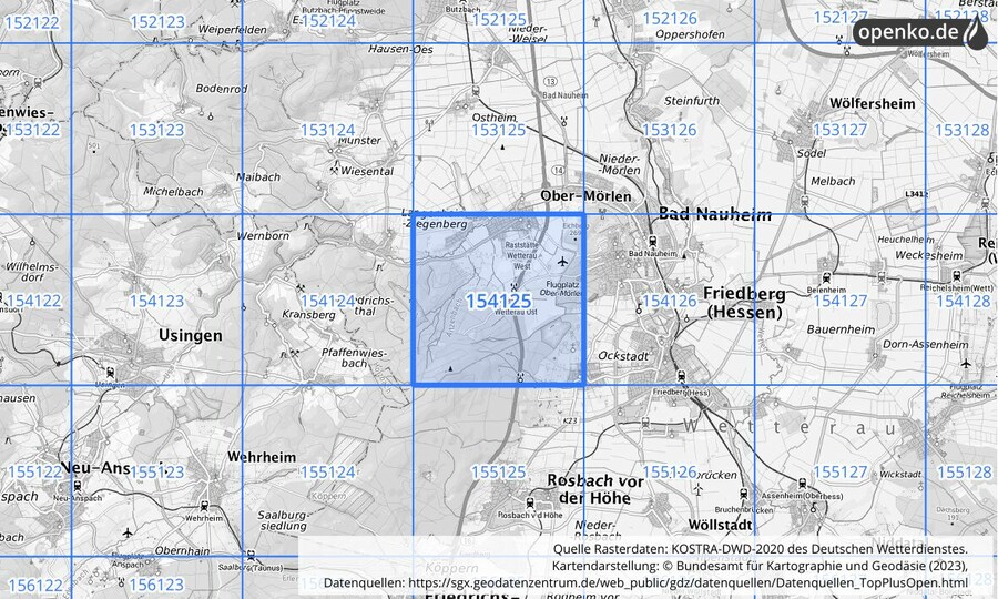 Übersichtskarte des KOSTRA-DWD-2020-Rasterfeldes Nr. 154125
