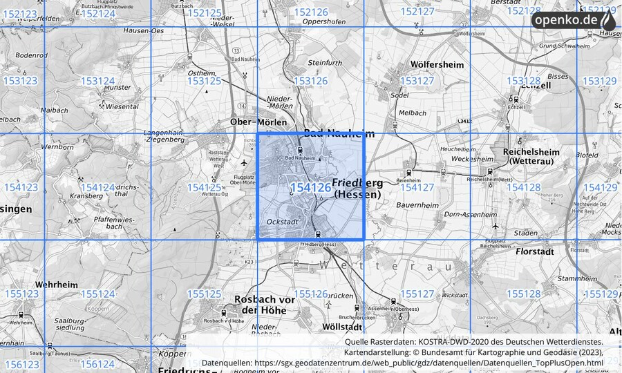 Übersichtskarte des KOSTRA-DWD-2020-Rasterfeldes Nr. 154126