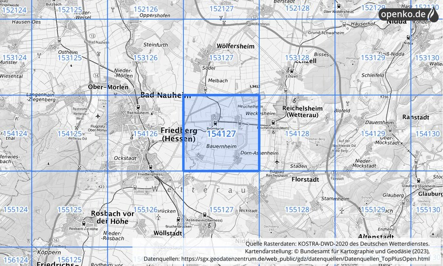 Übersichtskarte des KOSTRA-DWD-2020-Rasterfeldes Nr. 154127