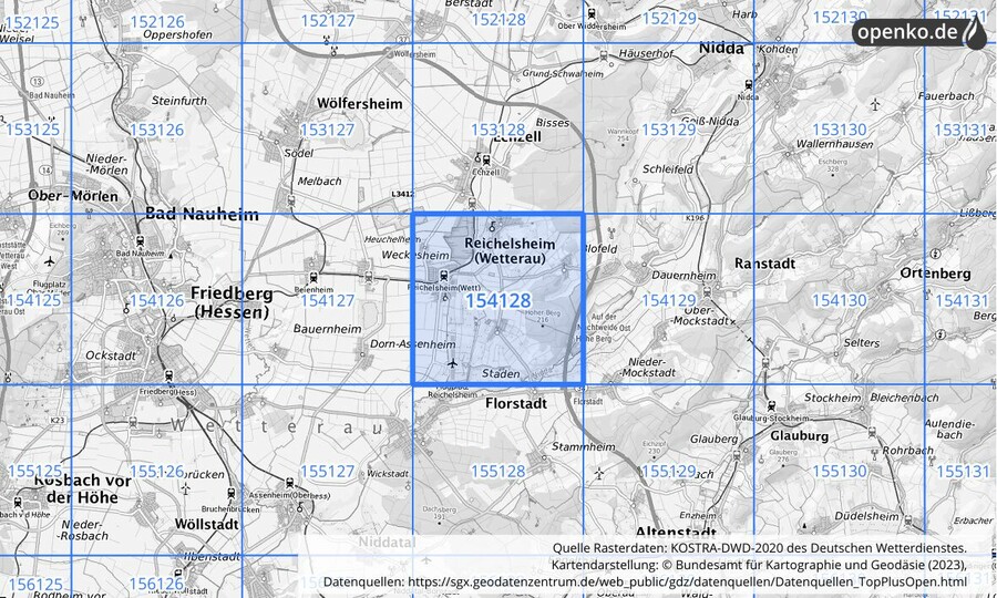 Übersichtskarte des KOSTRA-DWD-2020-Rasterfeldes Nr. 154128