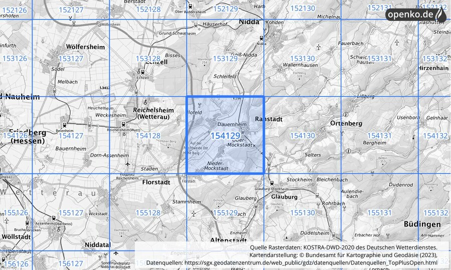 Übersichtskarte des KOSTRA-DWD-2020-Rasterfeldes Nr. 154129
