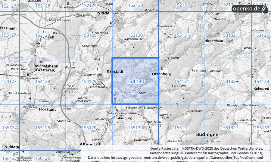Übersichtskarte des KOSTRA-DWD-2020-Rasterfeldes Nr. 154130