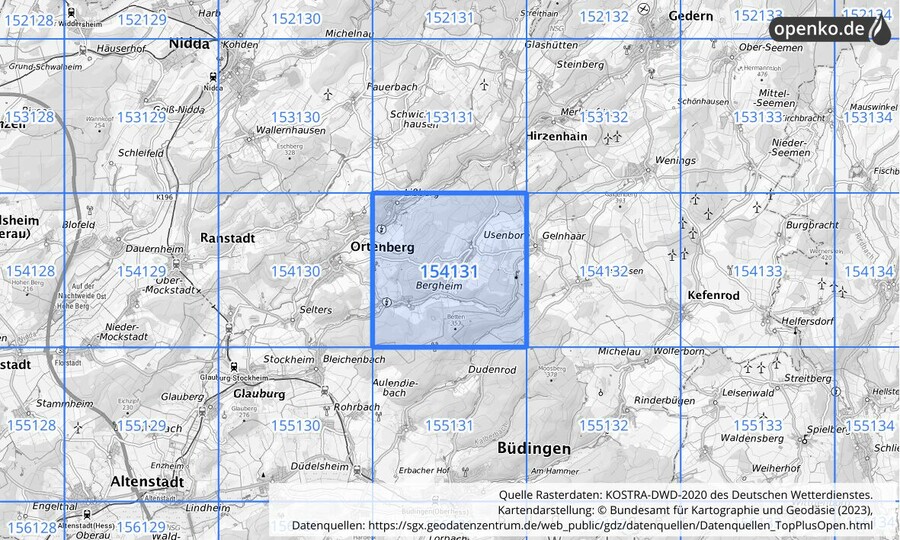 Übersichtskarte des KOSTRA-DWD-2020-Rasterfeldes Nr. 154131