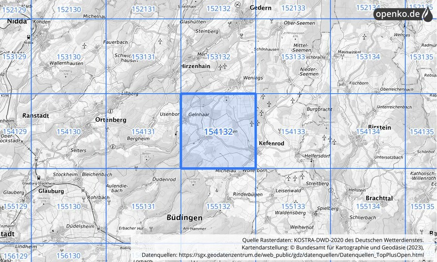 Übersichtskarte des KOSTRA-DWD-2020-Rasterfeldes Nr. 154132