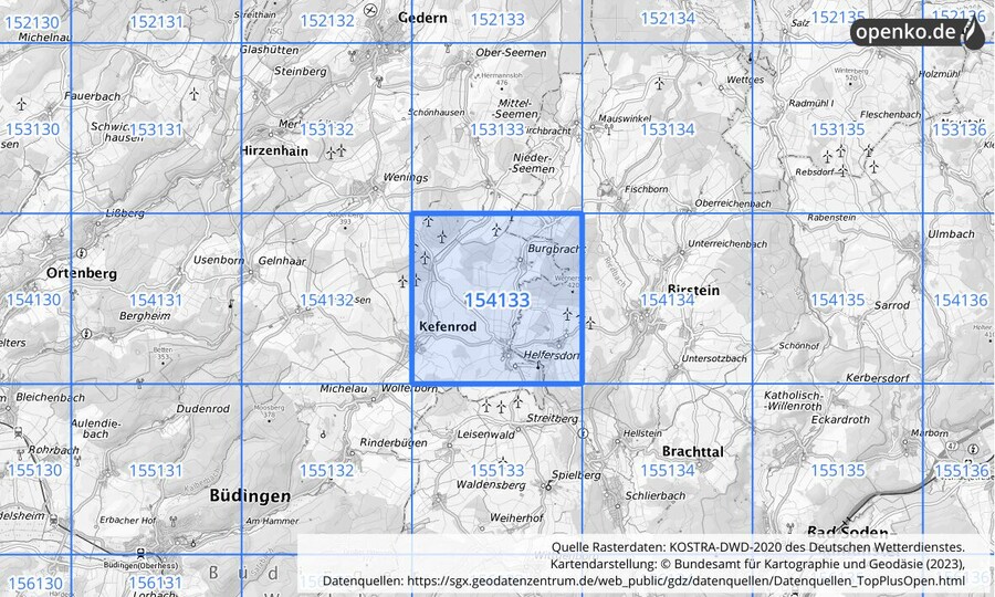 Übersichtskarte des KOSTRA-DWD-2020-Rasterfeldes Nr. 154133