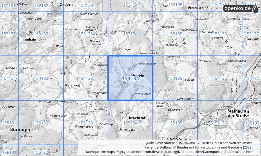 Übersichtskarte des KOSTRA-DWD-2020-Rasterfeldes Nr. 154134