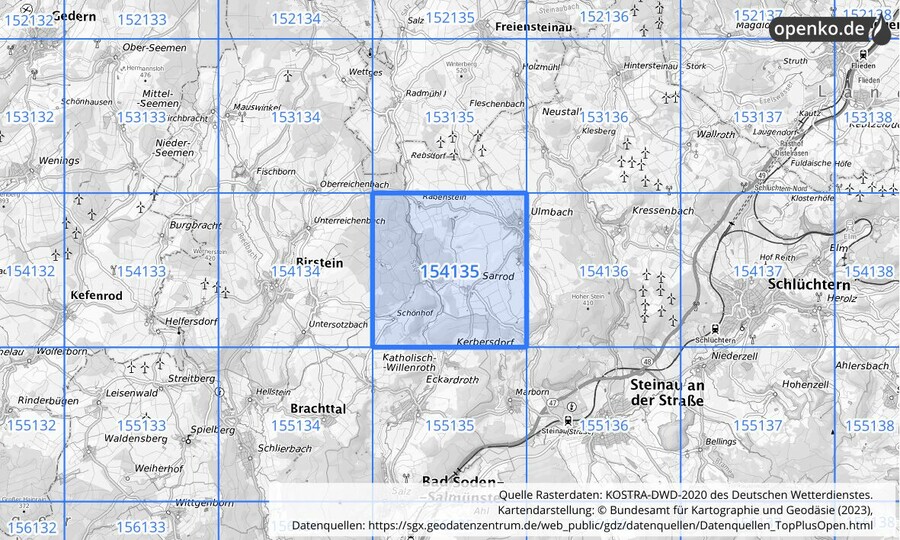Übersichtskarte des KOSTRA-DWD-2020-Rasterfeldes Nr. 154135