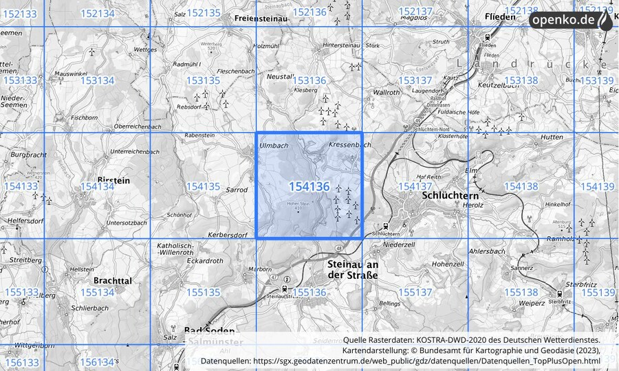 Übersichtskarte des KOSTRA-DWD-2020-Rasterfeldes Nr. 154136