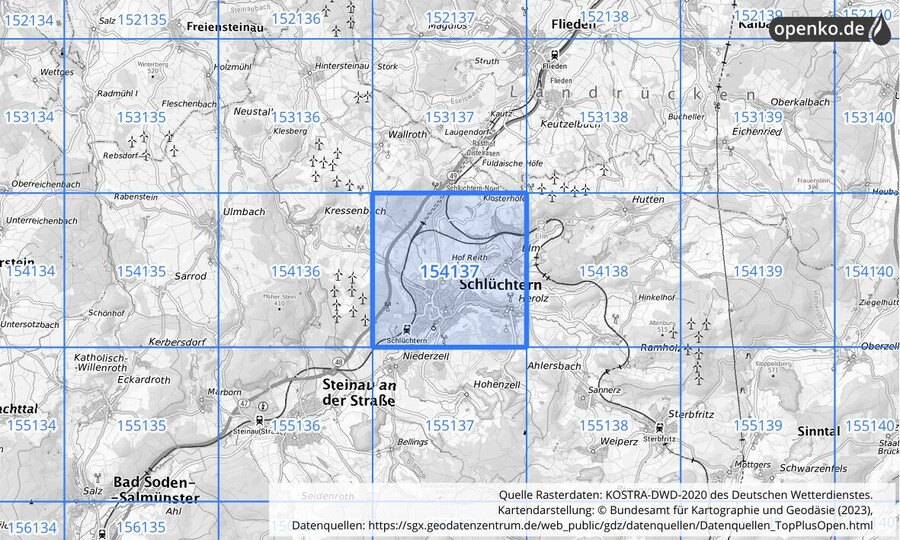 Übersichtskarte des KOSTRA-DWD-2020-Rasterfeldes Nr. 154137