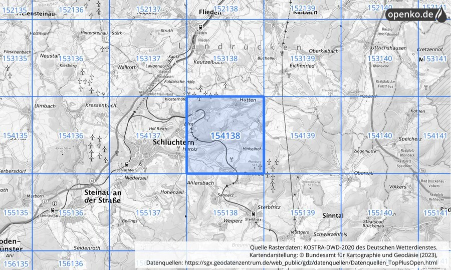 Übersichtskarte des KOSTRA-DWD-2020-Rasterfeldes Nr. 154138
