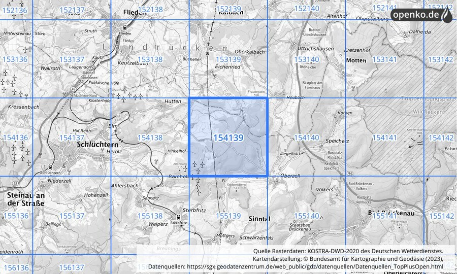 Übersichtskarte des KOSTRA-DWD-2020-Rasterfeldes Nr. 154139
