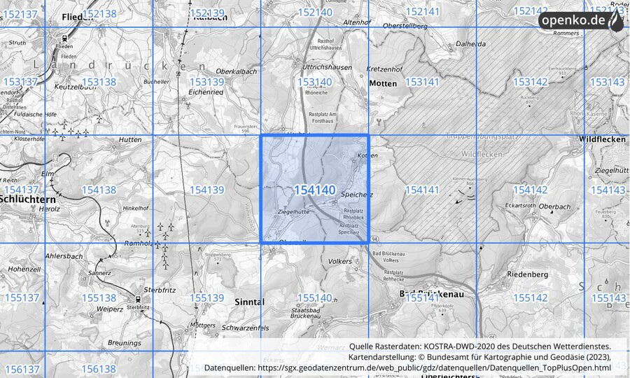 Übersichtskarte des KOSTRA-DWD-2020-Rasterfeldes Nr. 154140