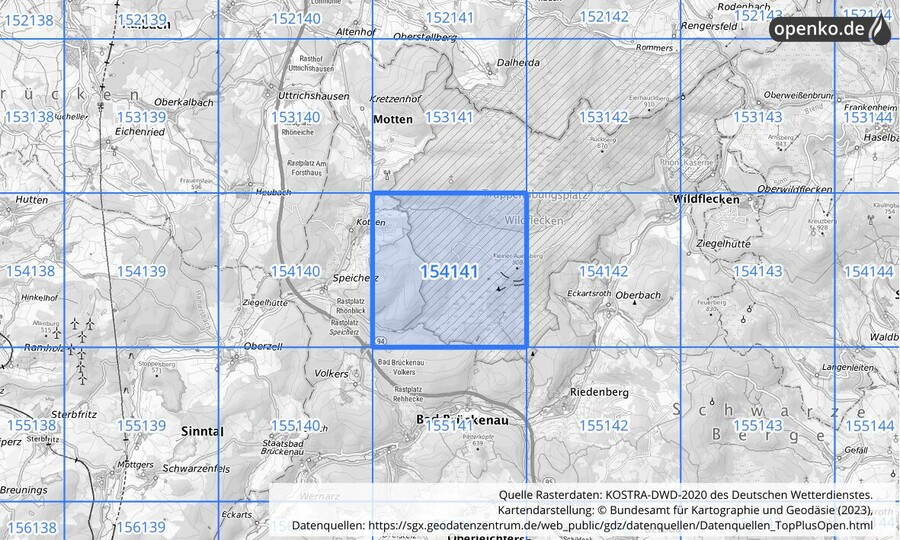 Übersichtskarte des KOSTRA-DWD-2020-Rasterfeldes Nr. 154141