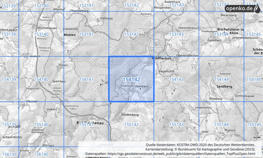 Übersichtskarte des KOSTRA-DWD-2020-Rasterfeldes Nr. 154142
