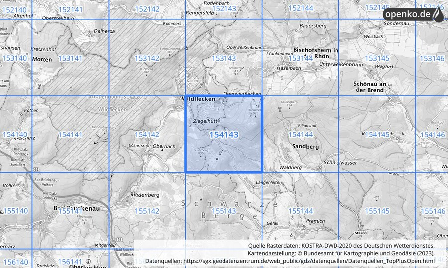 Übersichtskarte des KOSTRA-DWD-2020-Rasterfeldes Nr. 154143