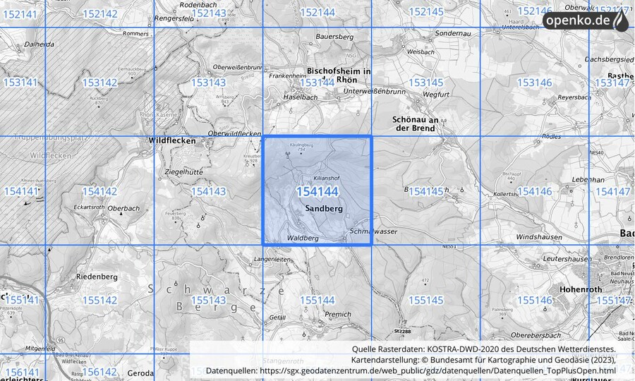Übersichtskarte des KOSTRA-DWD-2020-Rasterfeldes Nr. 154144