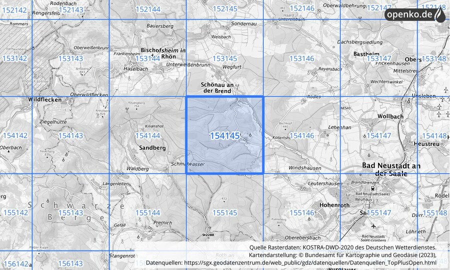 Übersichtskarte des KOSTRA-DWD-2020-Rasterfeldes Nr. 154145