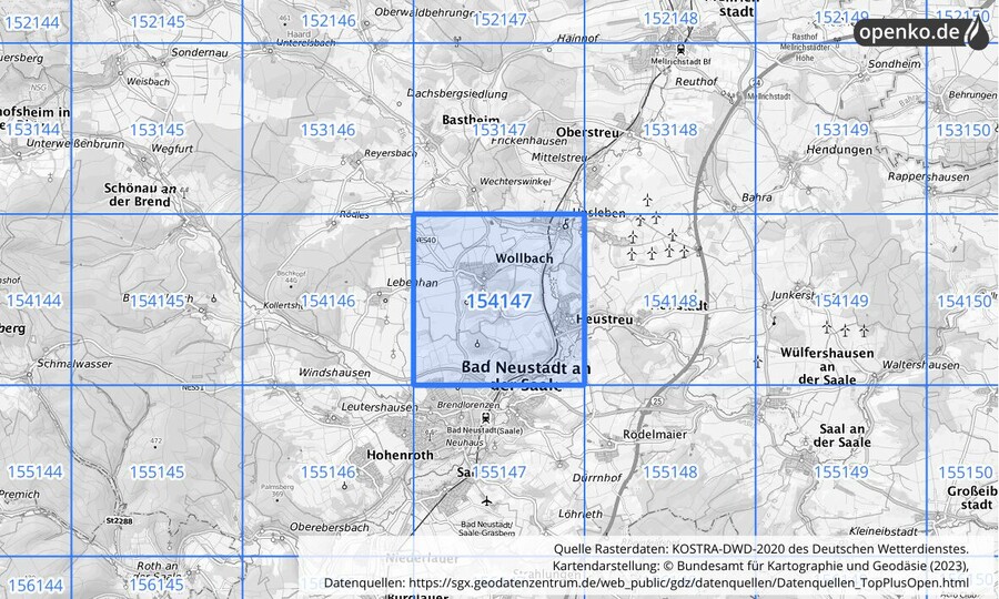 Übersichtskarte des KOSTRA-DWD-2020-Rasterfeldes Nr. 154147