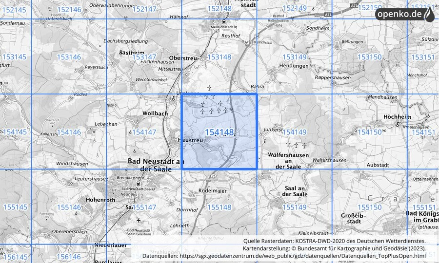Übersichtskarte des KOSTRA-DWD-2020-Rasterfeldes Nr. 154148