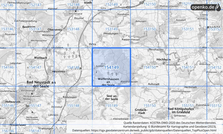 Übersichtskarte des KOSTRA-DWD-2020-Rasterfeldes Nr. 154149
