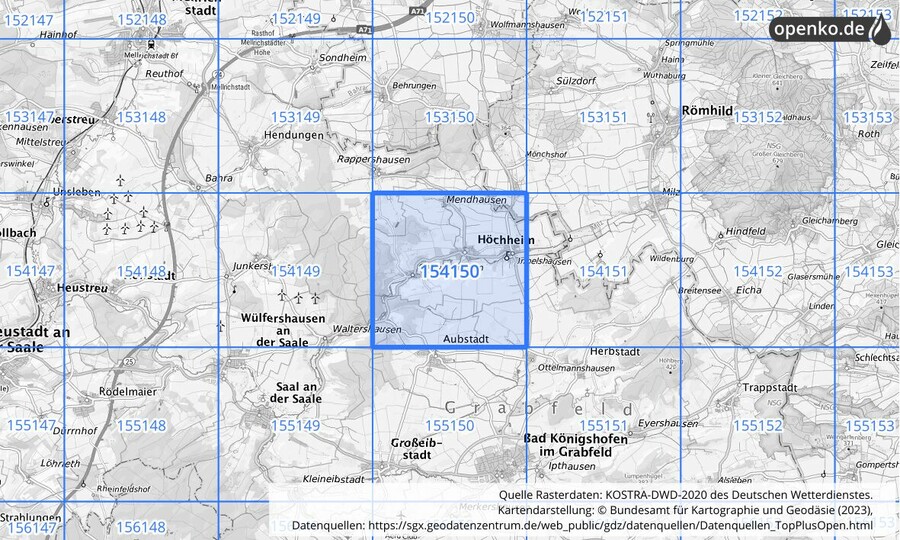 Übersichtskarte des KOSTRA-DWD-2020-Rasterfeldes Nr. 154150