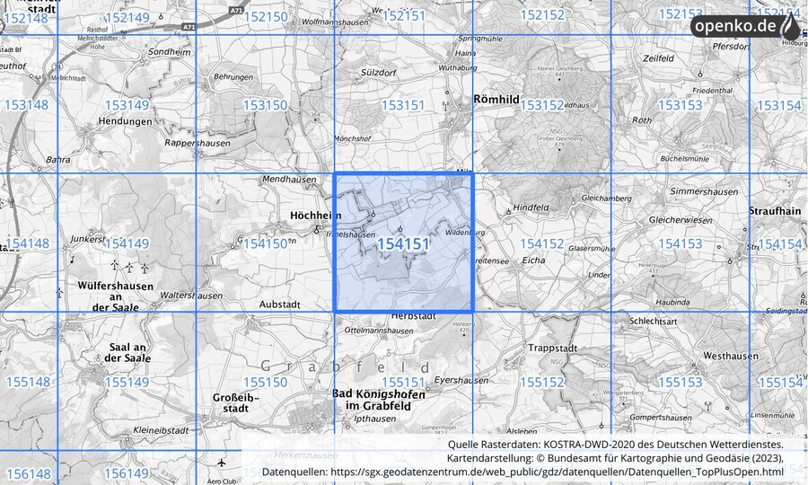 Übersichtskarte des KOSTRA-DWD-2020-Rasterfeldes Nr. 154151