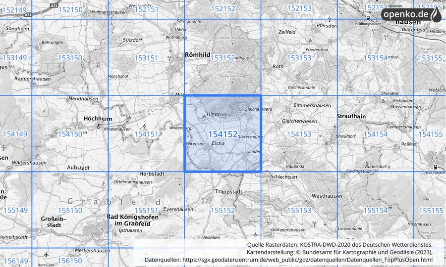 Übersichtskarte des KOSTRA-DWD-2020-Rasterfeldes Nr. 154152