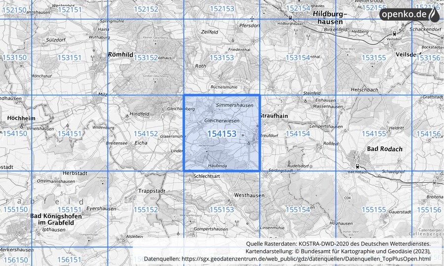 Übersichtskarte des KOSTRA-DWD-2020-Rasterfeldes Nr. 154153