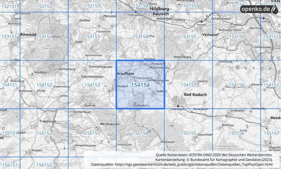 Übersichtskarte des KOSTRA-DWD-2020-Rasterfeldes Nr. 154154
