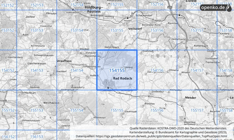 Übersichtskarte des KOSTRA-DWD-2020-Rasterfeldes Nr. 154155