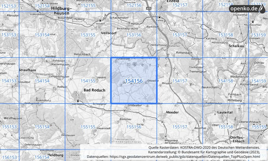 Übersichtskarte des KOSTRA-DWD-2020-Rasterfeldes Nr. 154156