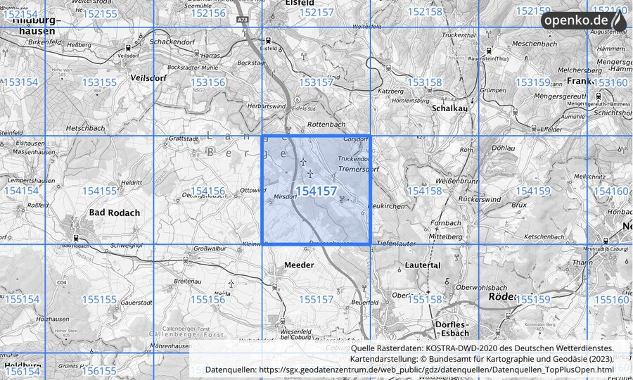 Übersichtskarte des KOSTRA-DWD-2020-Rasterfeldes Nr. 154157