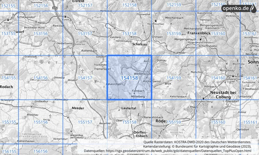 Übersichtskarte des KOSTRA-DWD-2020-Rasterfeldes Nr. 154158