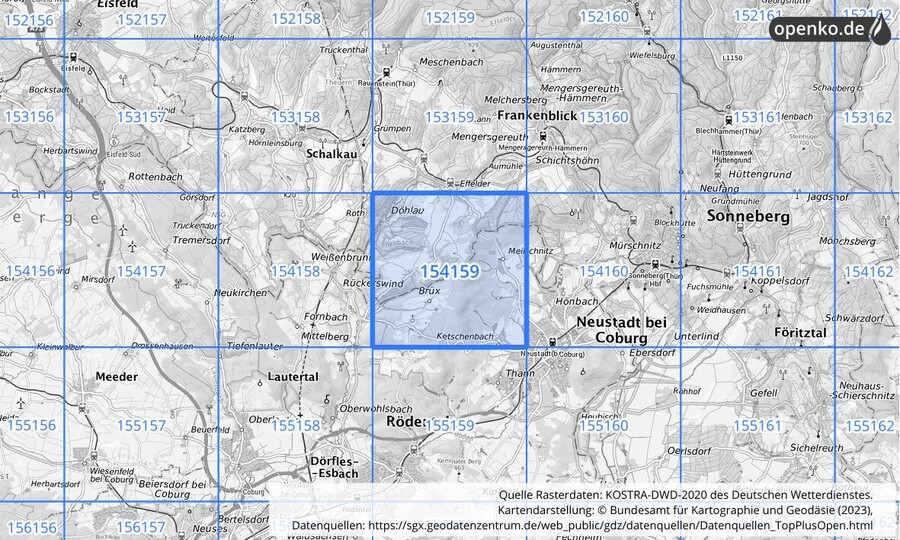 Übersichtskarte des KOSTRA-DWD-2020-Rasterfeldes Nr. 154159