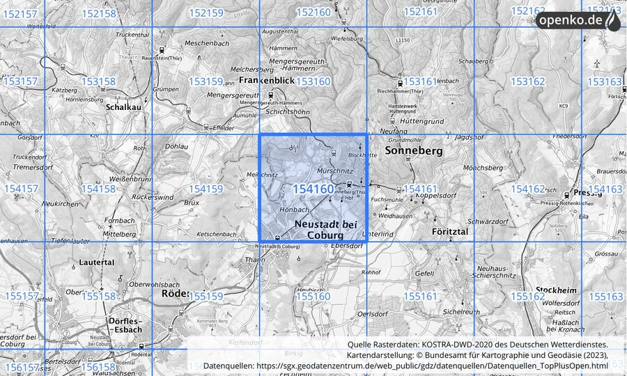 Übersichtskarte des KOSTRA-DWD-2020-Rasterfeldes Nr. 154160