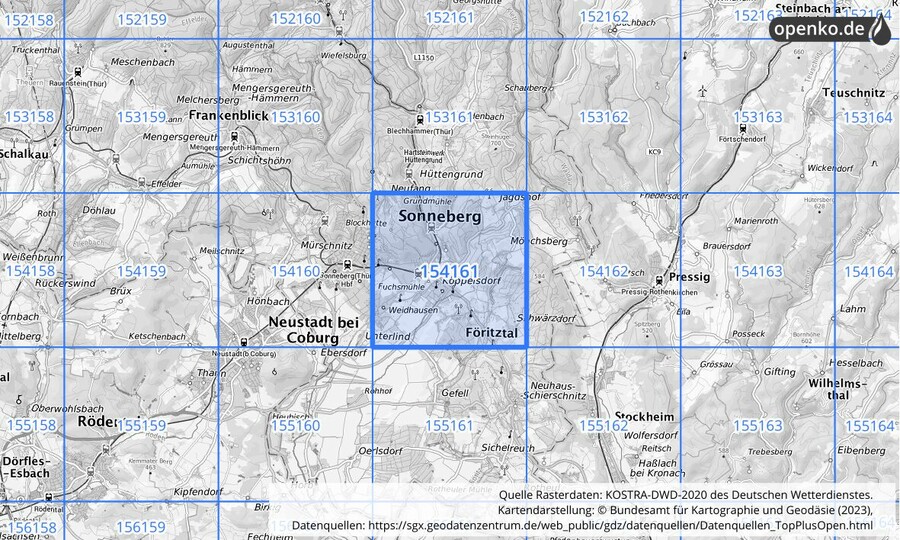 Übersichtskarte des KOSTRA-DWD-2020-Rasterfeldes Nr. 154161