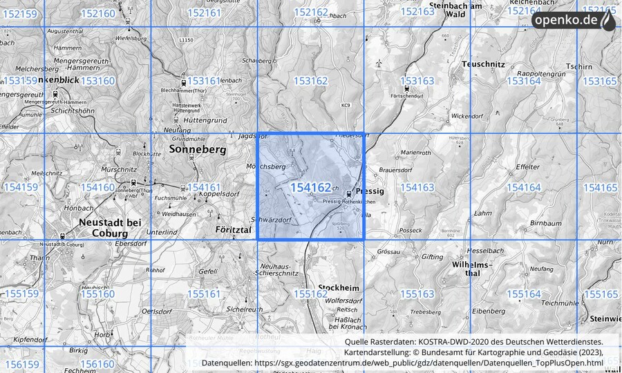 Übersichtskarte des KOSTRA-DWD-2020-Rasterfeldes Nr. 154162