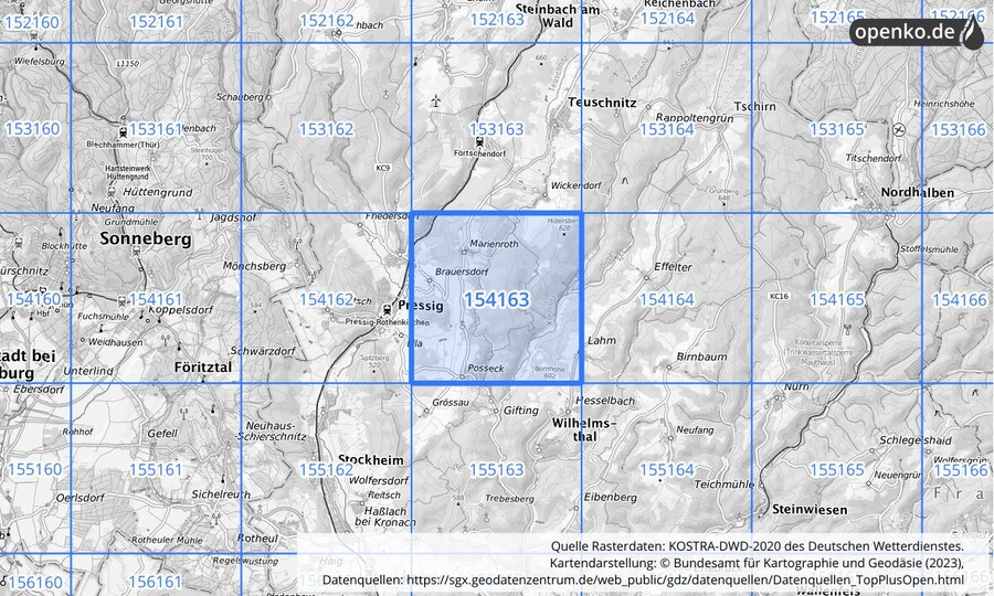Übersichtskarte des KOSTRA-DWD-2020-Rasterfeldes Nr. 154163