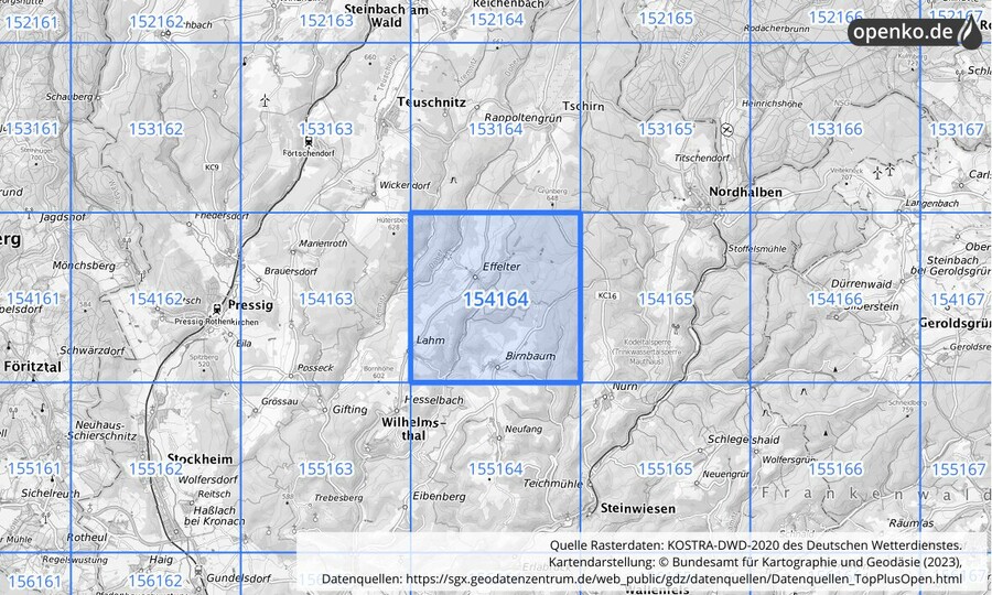 Übersichtskarte des KOSTRA-DWD-2020-Rasterfeldes Nr. 154164