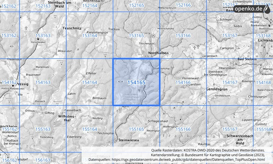 Übersichtskarte des KOSTRA-DWD-2020-Rasterfeldes Nr. 154165