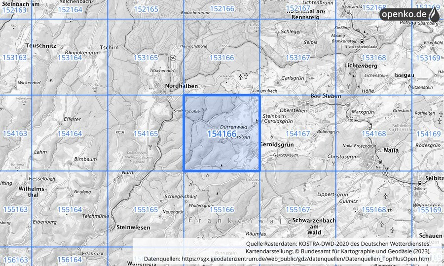 Übersichtskarte des KOSTRA-DWD-2020-Rasterfeldes Nr. 154166