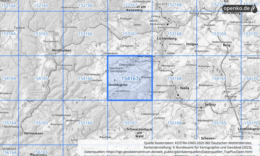 Übersichtskarte des KOSTRA-DWD-2020-Rasterfeldes Nr. 154167