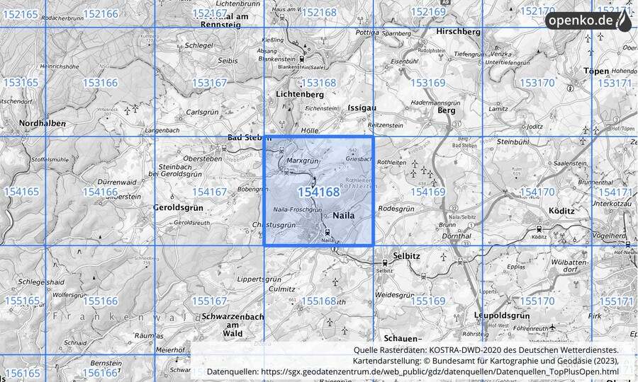 Übersichtskarte des KOSTRA-DWD-2020-Rasterfeldes Nr. 154168