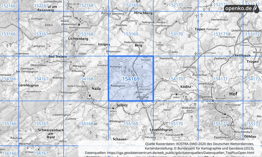 Übersichtskarte des KOSTRA-DWD-2020-Rasterfeldes Nr. 154169