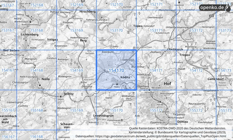 Übersichtskarte des KOSTRA-DWD-2020-Rasterfeldes Nr. 154170