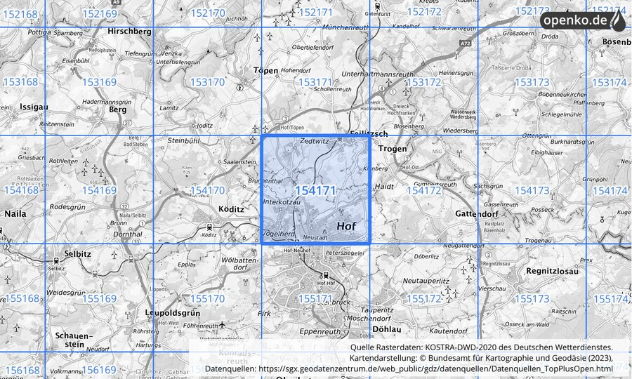 Übersichtskarte des KOSTRA-DWD-2020-Rasterfeldes Nr. 154171