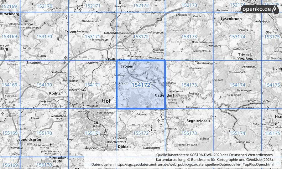 Übersichtskarte des KOSTRA-DWD-2020-Rasterfeldes Nr. 154172